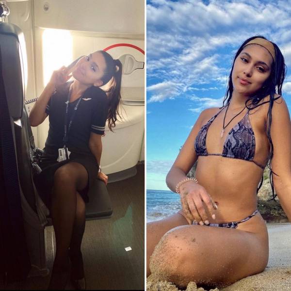 Hot Flight Attendants With And Without Their Uniforms
