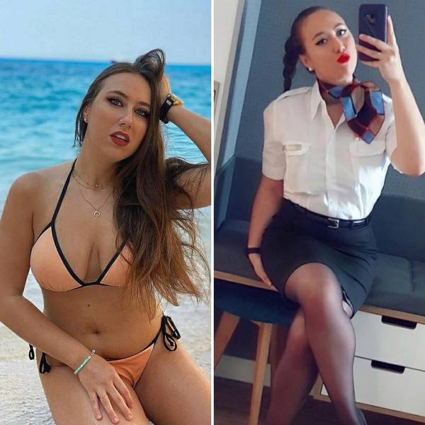 Hot Flight Attendants With And Without Their Uniforms