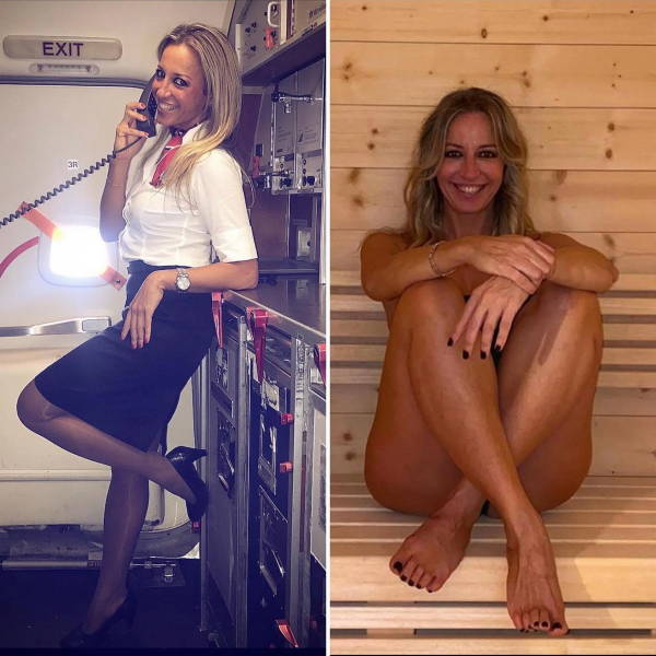 Hot Flight Attendants With And Without Their Uniforms